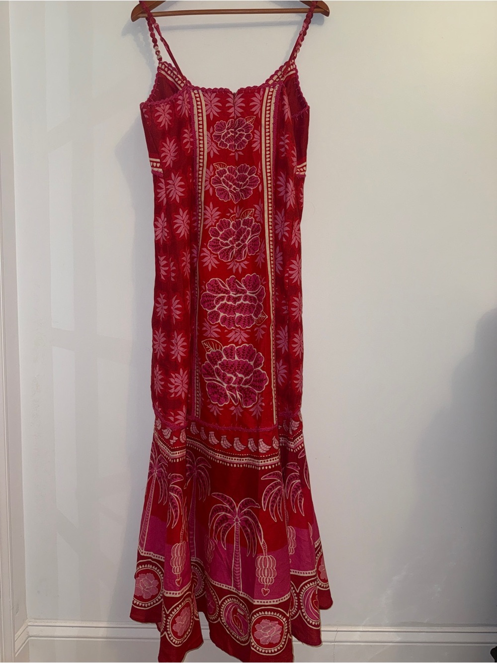 🌺 Farm Rio Summer Sunrise Embroidered Linen Maxi Dress Size Large Red Pink - Picture 10 of 16